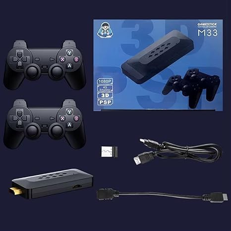 M33 2.4G Wireless Game Stick with 4K 3D TV Output, 45 Emulators, 30,000+ Games, 360° Universal Rocker, 2 Gamepads